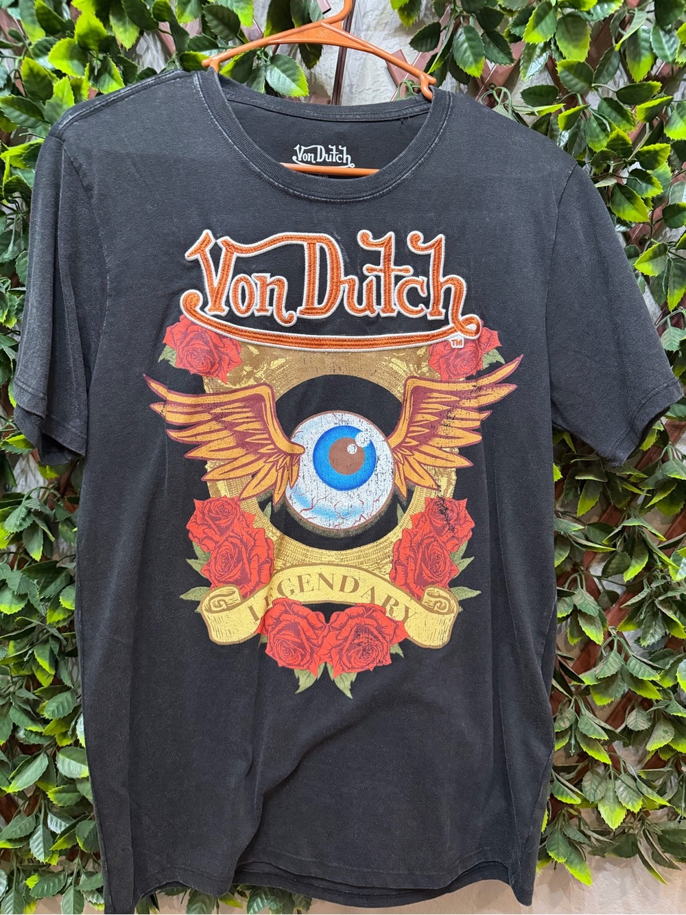 Von Dutch Black Tee with Winged Eyeball, Red Roses and Gold Accents